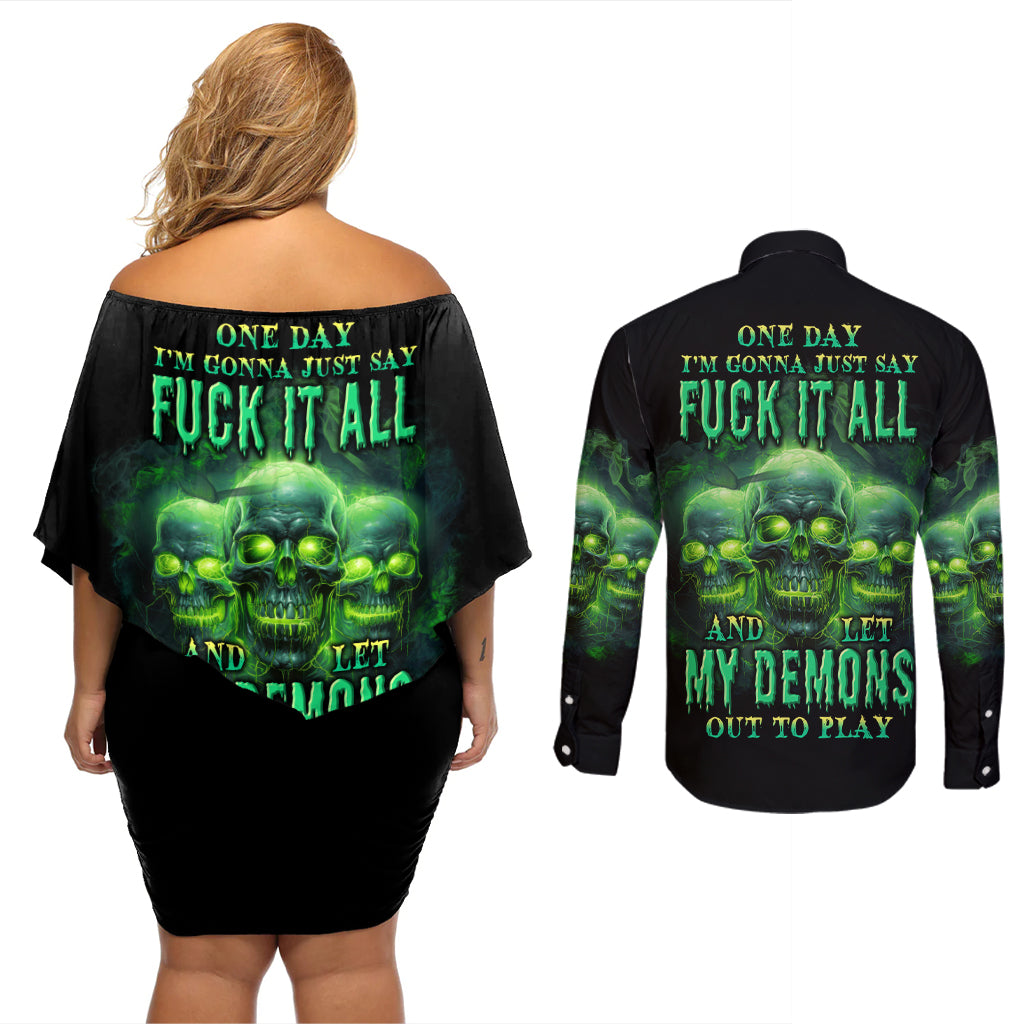 One Day I'm Gonna Just Say Couples Matching Off Shoulder Short Dress and Long Sleeve Button Shirt - Wonder Print Shop