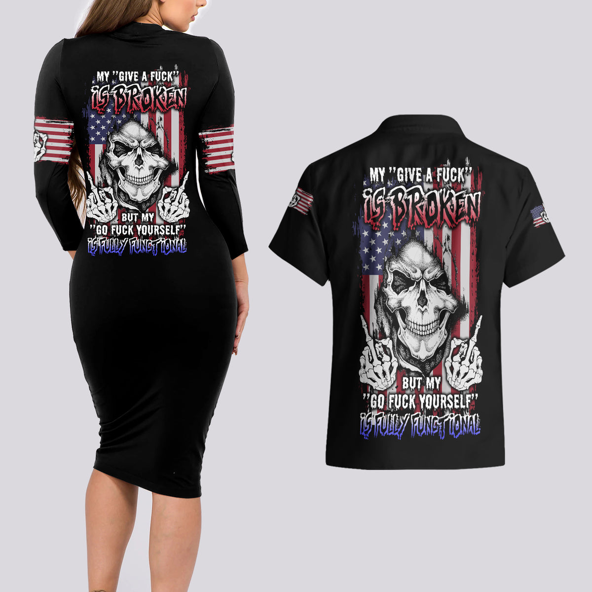 My Give A F Reaper Flag Couples Matching Long Sleeve Bodycon Dress and Hawaiian Shirt - Wonder Print Shop