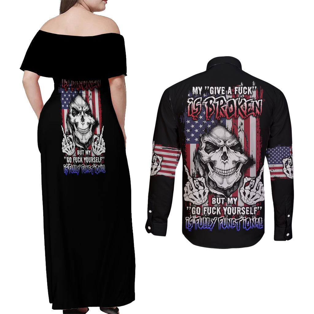 My Give A F Reaper Flag Couples Matching Off Shoulder Maxi Dress and Long Sleeve Button Shirt - Wonder Print Shop