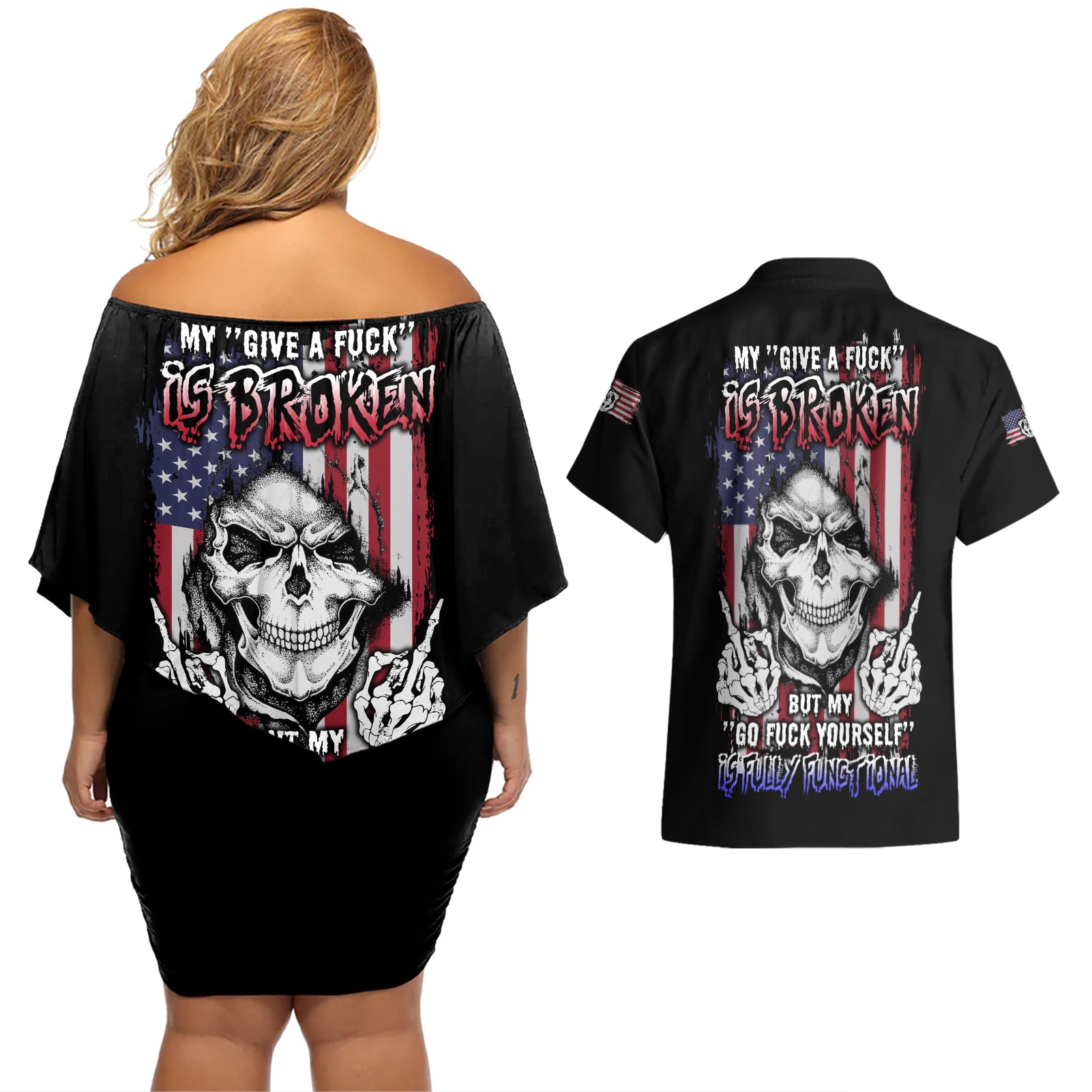 My Give A F Reaper Flag Couples Matching Off Shoulder Short Dress and Hawaiian Shirt - Wonder Print Shop