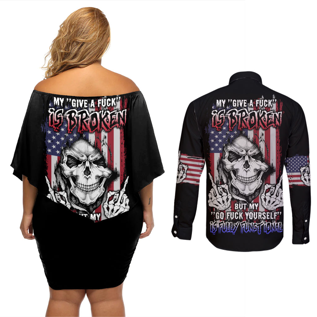 My Give A F Reaper Flag Couples Matching Off Shoulder Short Dress and Long Sleeve Button Shirt - Wonder Print Shop