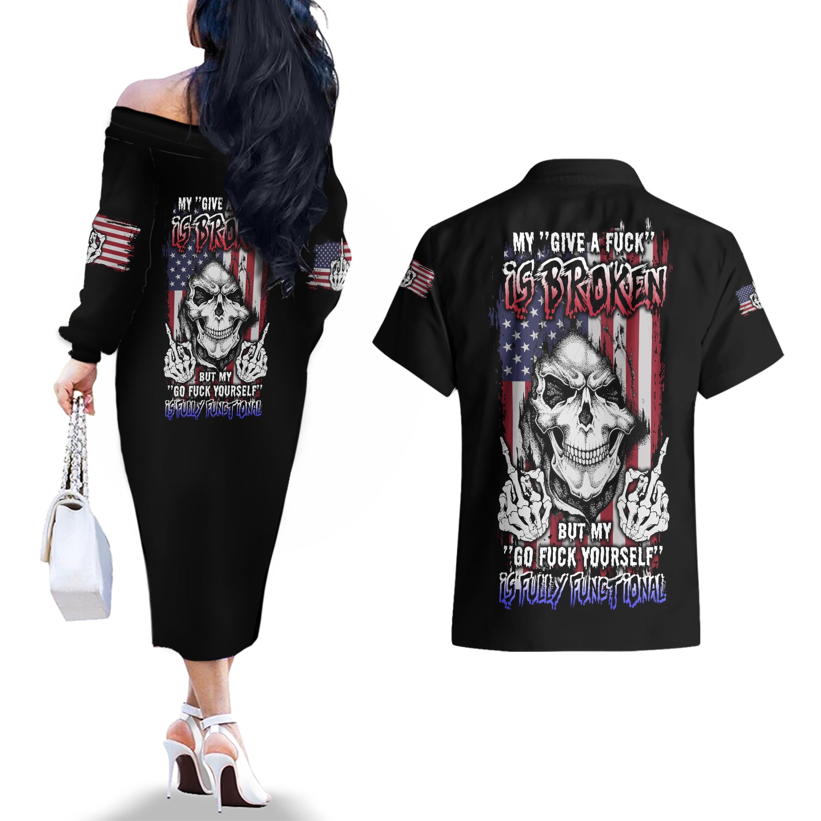 My Give A F Reaper Flag Couples Matching Off The Shoulder Long Sleeve Dress and Hawaiian Shirt - Wonder Print Shop
