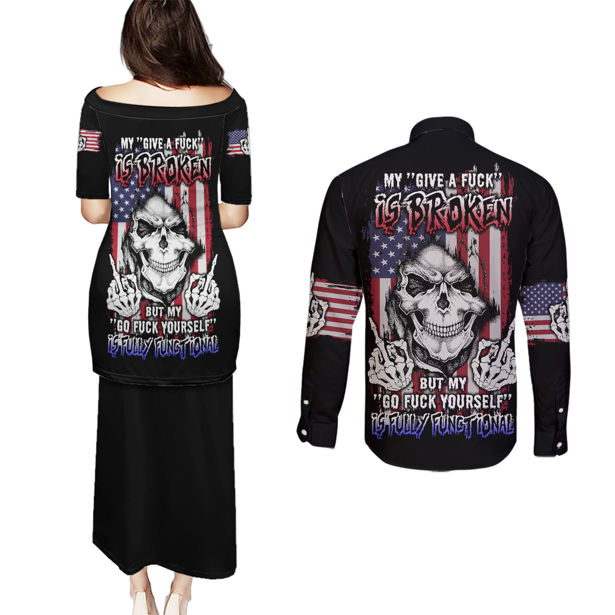 My Give A F Reaper Flag Couples Matching Puletasi Dress and Long Sleeve Button Shirt - Wonder Print Shop