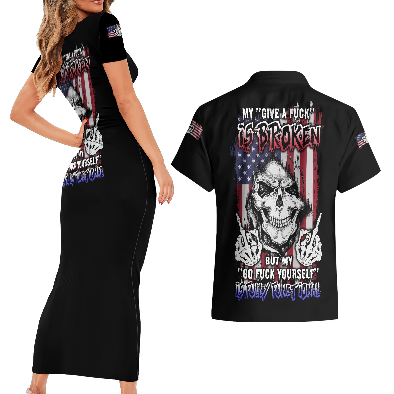 My Give A F Reaper Flag Couples Matching Short Sleeve Bodycon Dress and Hawaiian Shirt - Wonder Print Shop