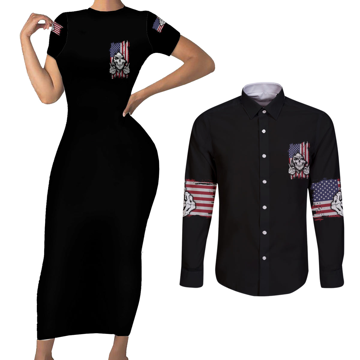 My Give A F Reaper Flag Couples Matching Short Sleeve Bodycon Dress and Long Sleeve Button Shirt - Wonder Print Shop