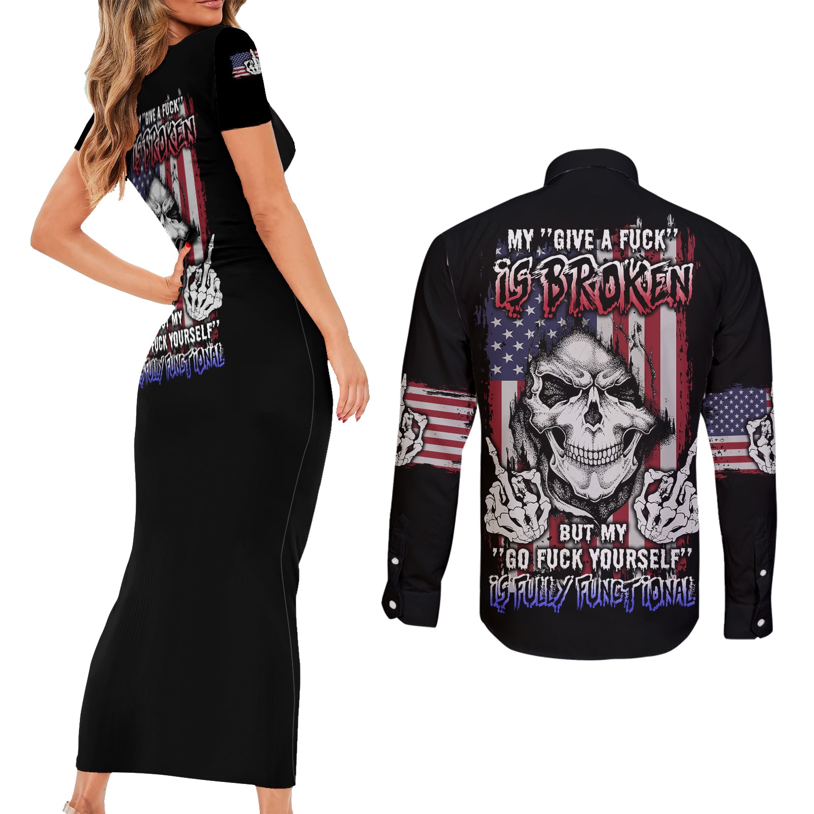 My Give A F Reaper Flag Couples Matching Short Sleeve Bodycon Dress and Long Sleeve Button Shirt - Wonder Print Shop