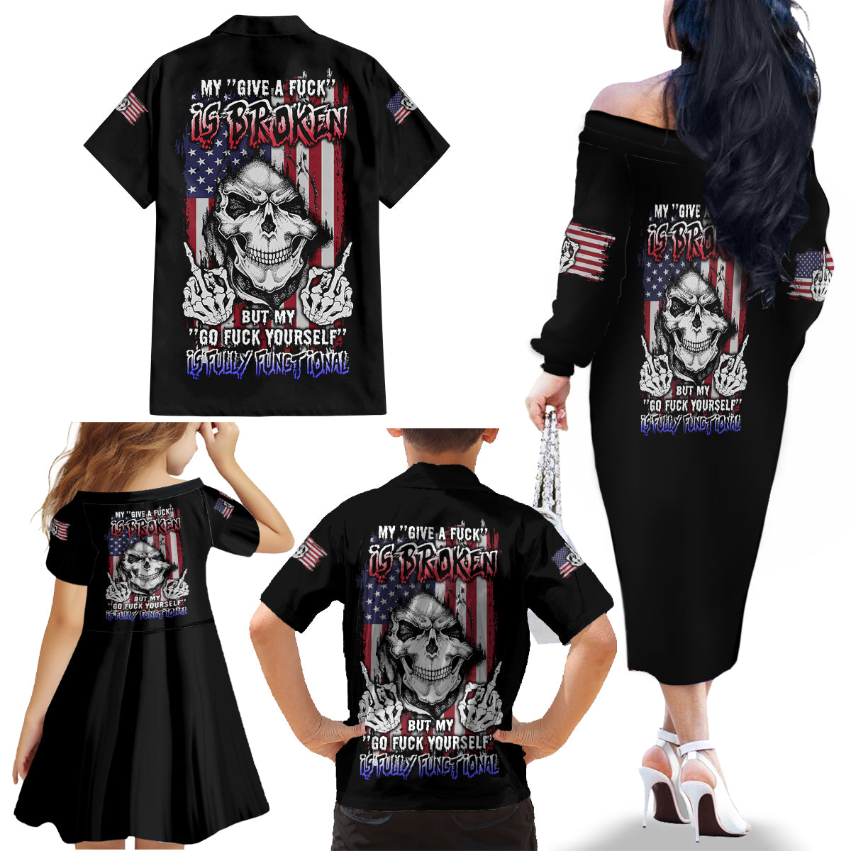 My Give A F Reaper Flag Family Matching Off Shoulder Long Sleeve Dress and Hawaiian Shirt - Wonder Print Shop
