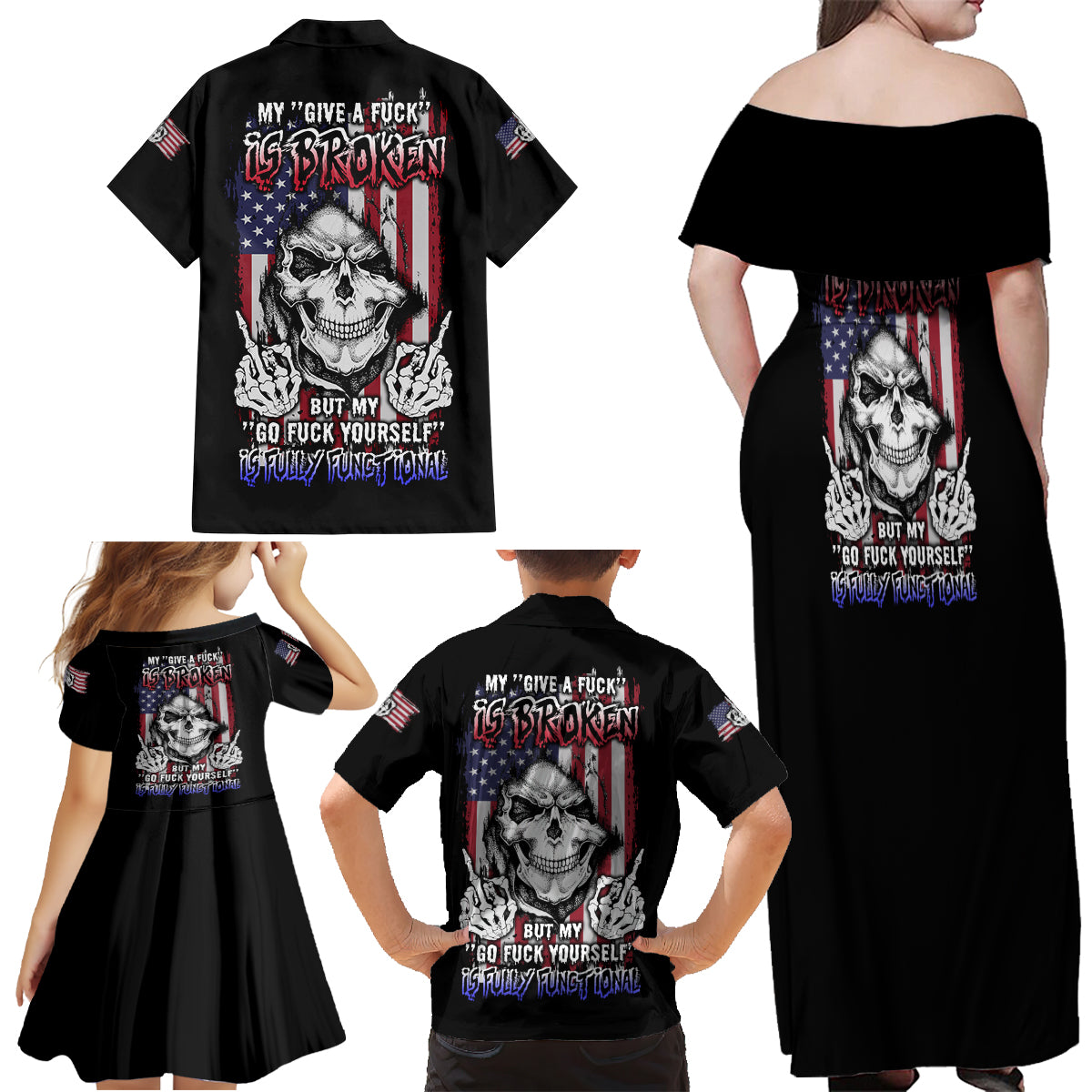 My Give A F Reaper Flag Family Matching Off Shoulder Maxi Dress and Hawaiian Shirt - Wonder Print Shop
