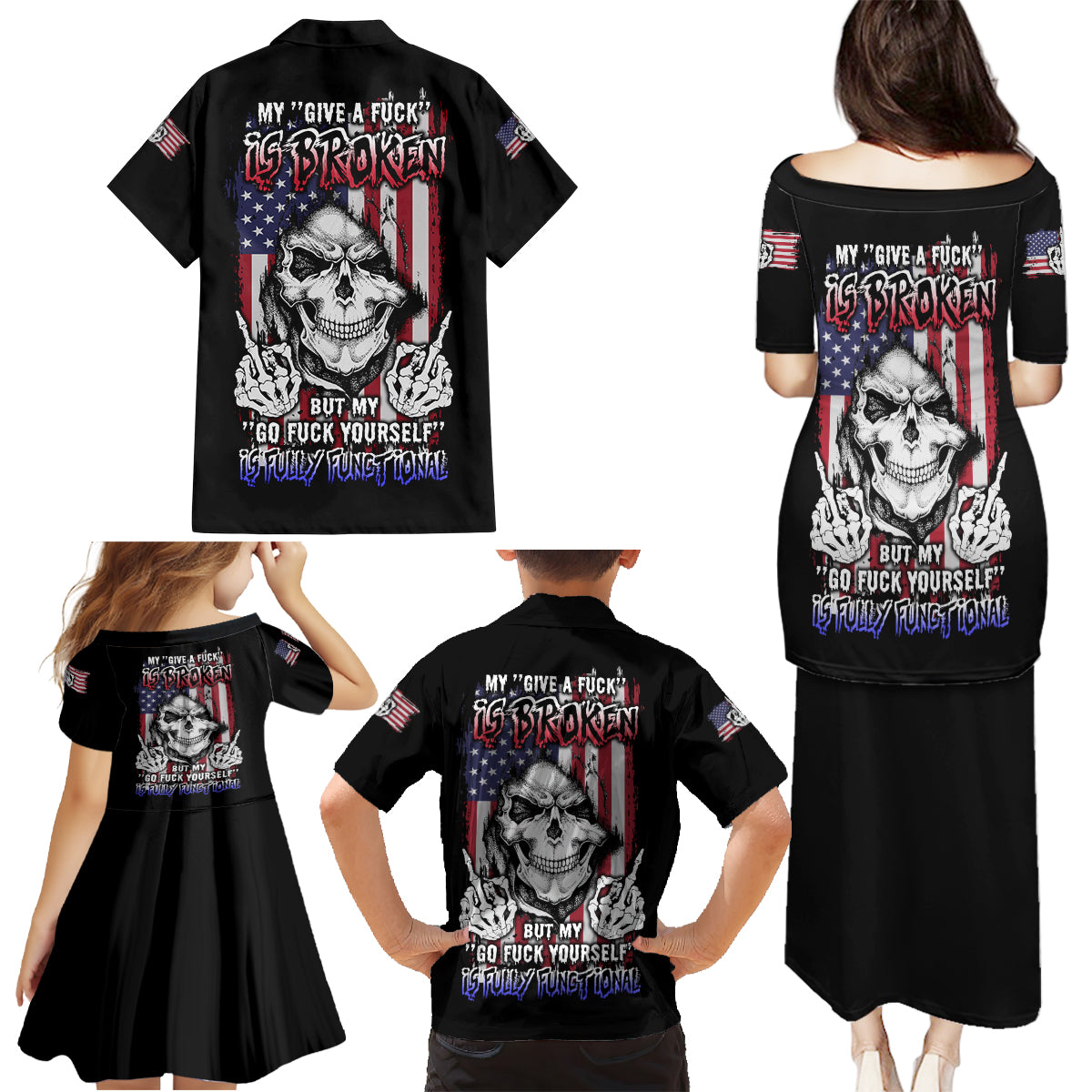 My Give A F Reaper Flag Family Matching Puletasi Dress and Hawaiian Shirt - Wonder Print Shop