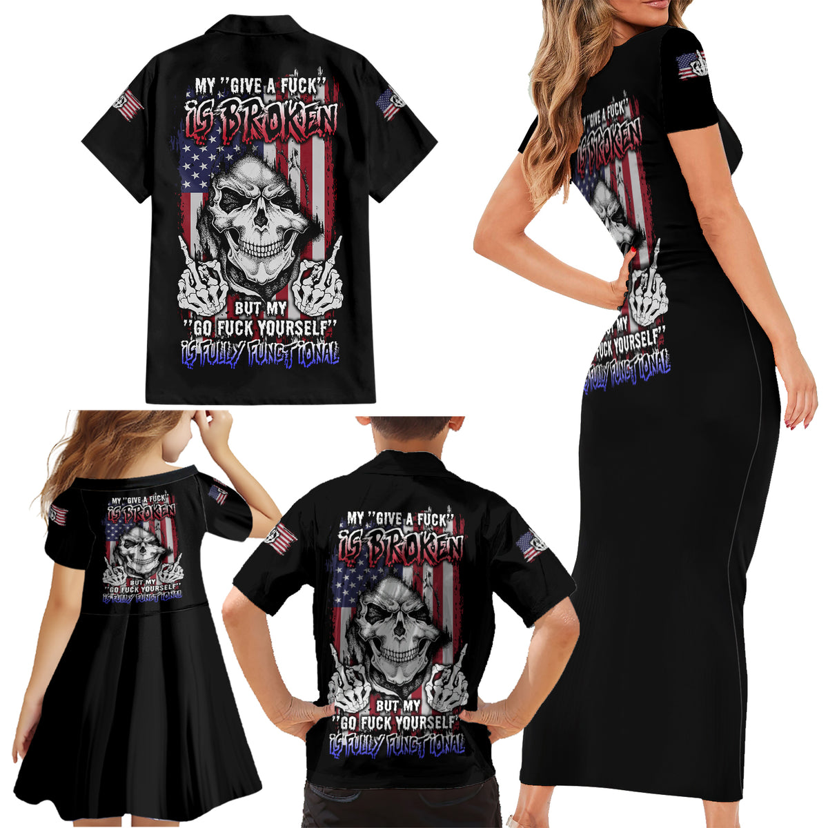 My Give A F Reaper Flag Family Matching Short Sleeve Bodycon Dress and Hawaiian Shirt - Wonder Print Shop
