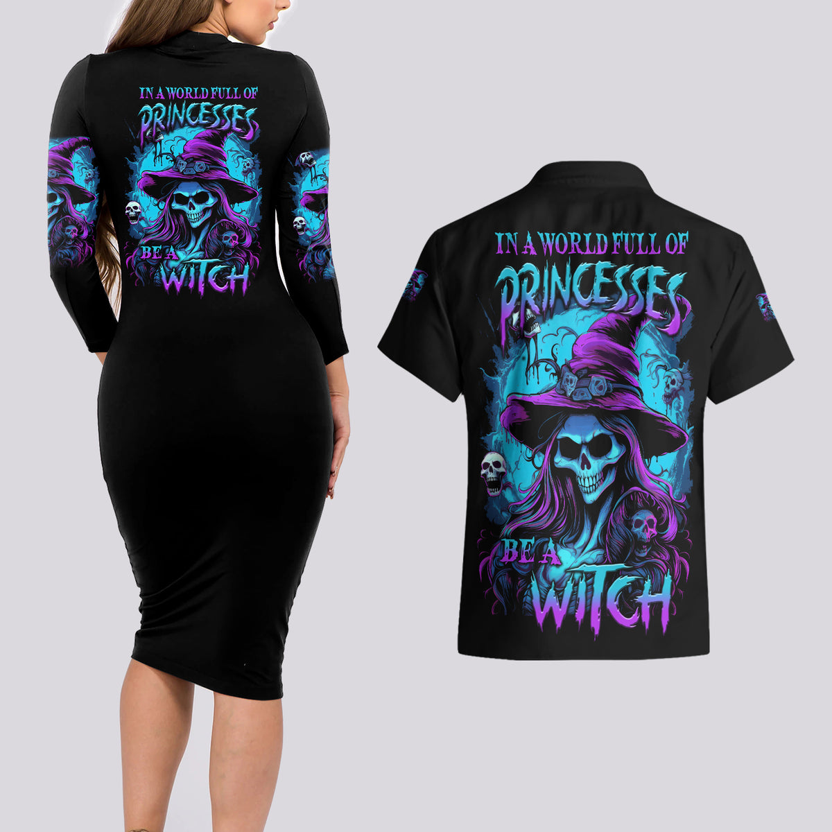 In A World Full Of Princesses Be A Witch Halloween Couples Matching Long Sleeve Bodycon Dress and Hawaiian Shirt - Wonder Print Shop