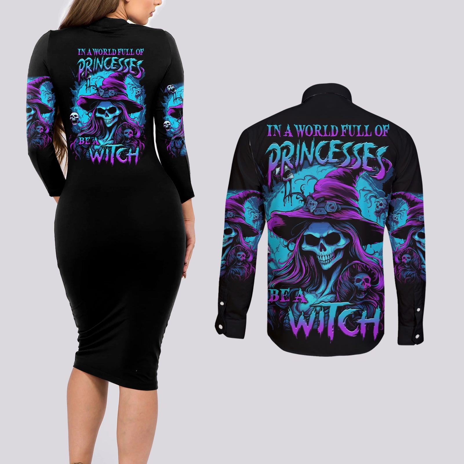 In A World Full Of Princesses Be A Witch Halloween Couples Matching Long Sleeve Bodycon Dress and Long Sleeve Button Shirt - Wonder Print Shop