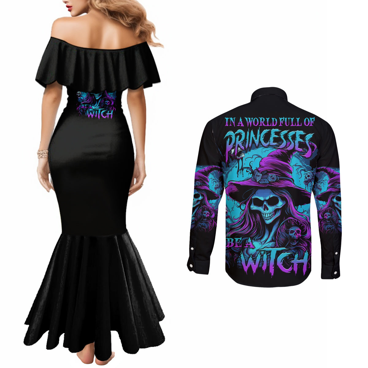 in-a-world-full-of-princesses-be-a-witch-halloween-couples-matching-mermaid-dress-and-long-sleeve-button-shirt