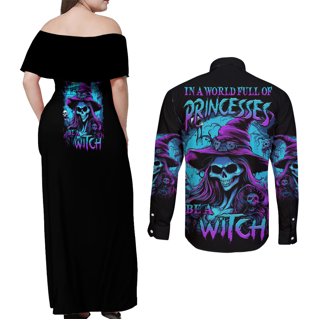 In A World Full Of Princesses Be A Witch Halloween Couples Matching Off Shoulder Maxi Dress and Long Sleeve Button Shirt - Wonder Print Shop
