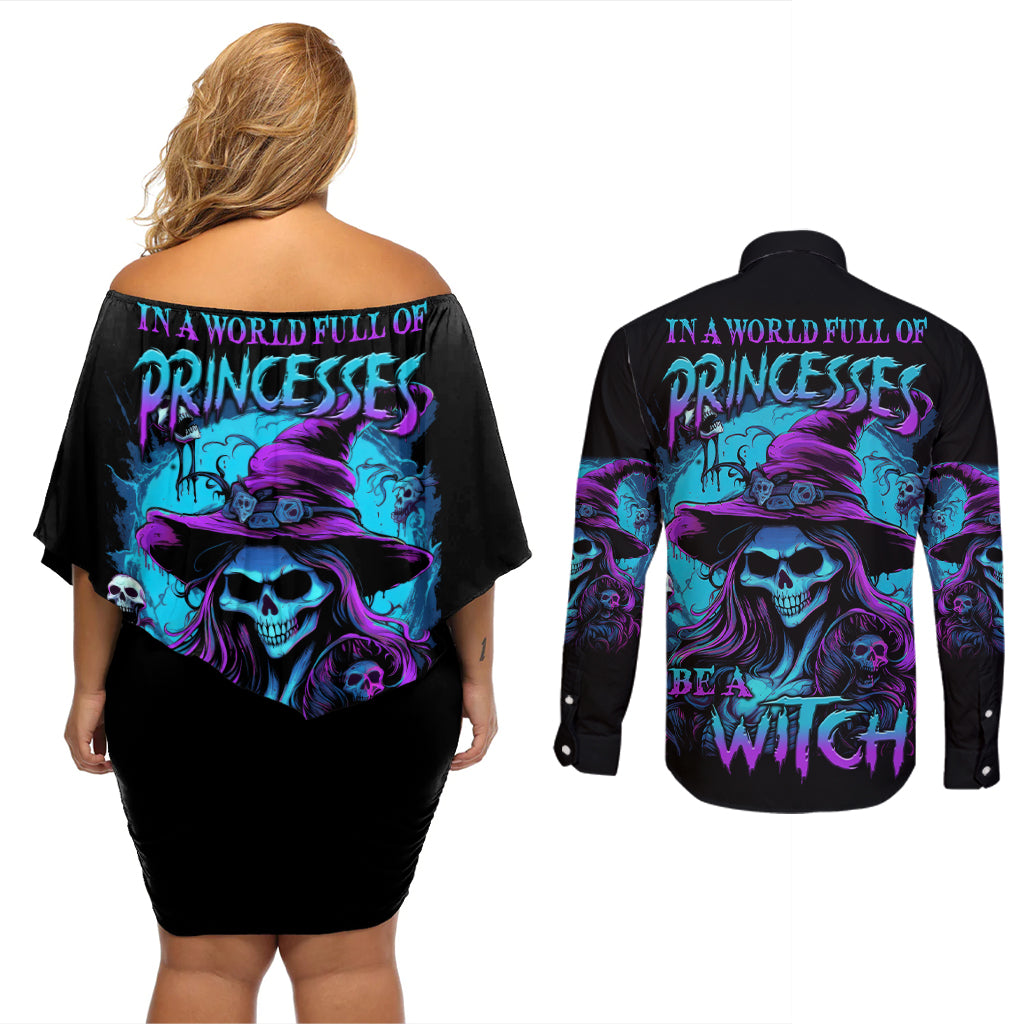 In A World Full Of Princesses Be A Witch Halloween Couples Matching Off Shoulder Short Dress and Long Sleeve Button Shirt - Wonder Print Shop