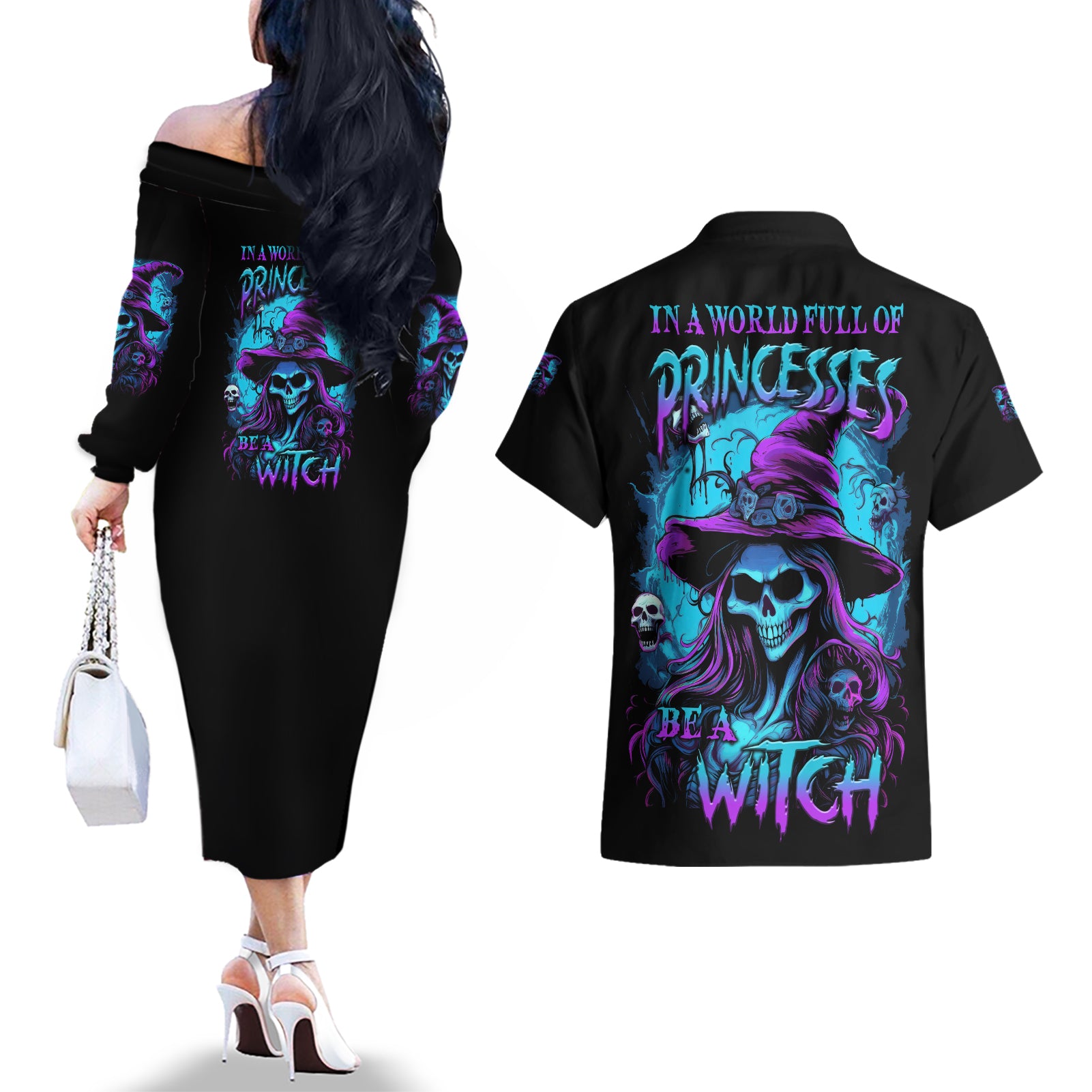 In A World Full Of Princesses Be A Witch Halloween Couples Matching Off The Shoulder Long Sleeve Dress and Hawaiian Shirt - Wonder Print Shop