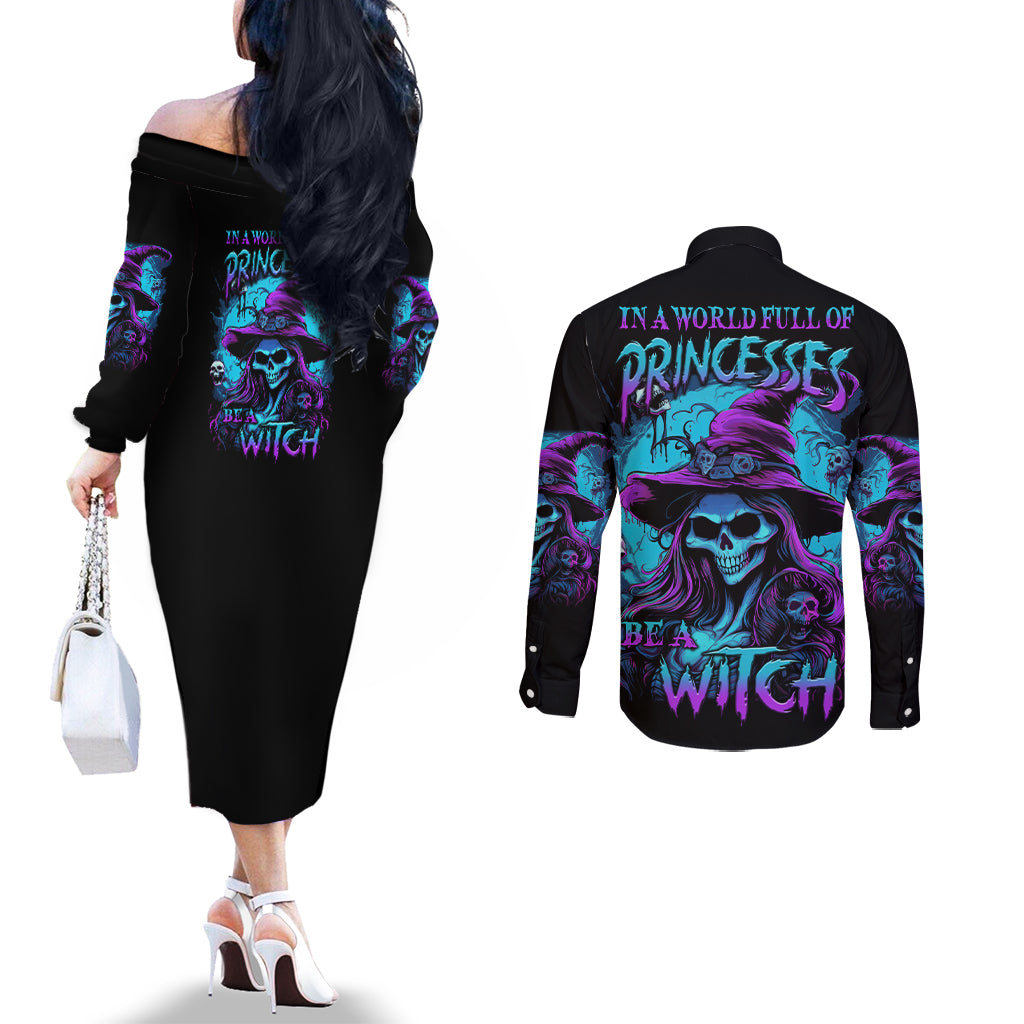 in-a-world-full-of-princesses-be-a-witch-halloween-couples-matching-off-the-shoulder-long-sleeve-dress-and-long-sleeve-button-shirt