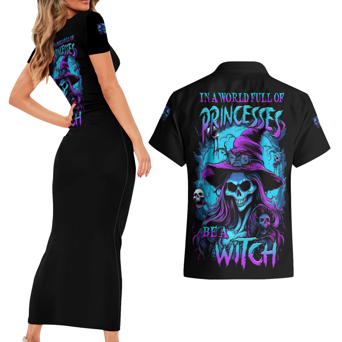 In A World Full Of Princesses Be A Witch Halloween Couples Matching Short Sleeve Bodycon Dress and Hawaiian Shirt - Wonder Print Shop