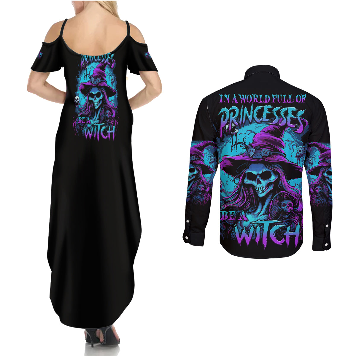 In A World Full Of Princesses Be A Witch Halloween Couples Matching Summer Maxi Dress and Long Sleeve Button Shirt - Wonder Print Shop