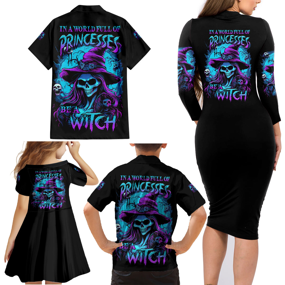 In A World Full Of Princesses Be A Witch Halloween Family Matching Long Sleeve Bodycon Dress and Hawaiian Shirt - Wonder Print Shop