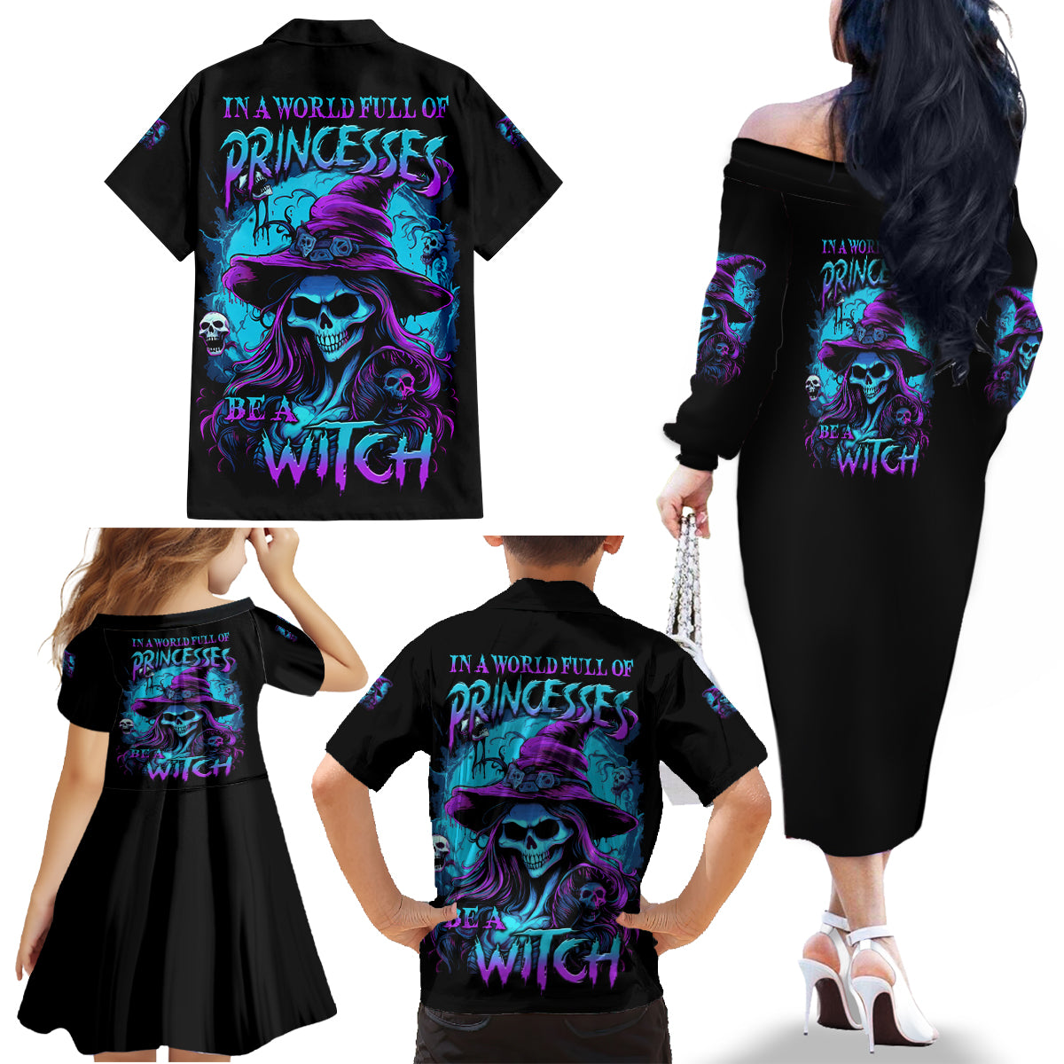 In A World Full Of Princesses Be A Witch Halloween Family Matching Off Shoulder Long Sleeve Dress and Hawaiian Shirt - Wonder Print Shop