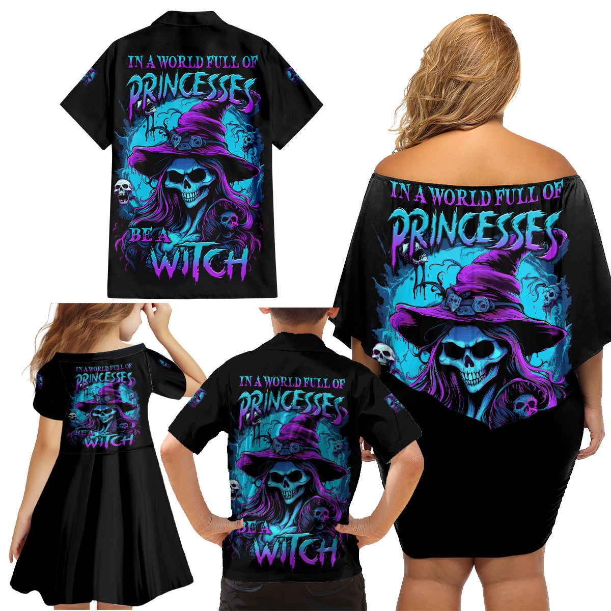 In A World Full Of Princesses Be A Witch Halloween Family Matching Off Shoulder Short Dress and Hawaiian Shirt - Wonder Print Shop