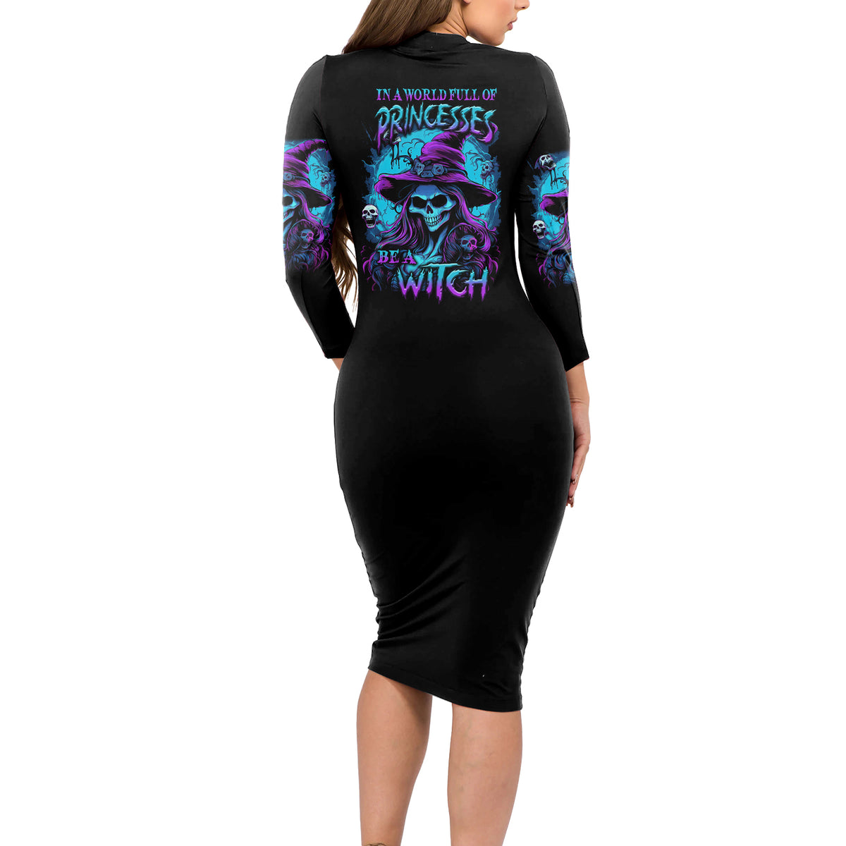 In A World Full Of Princesses Be A Witch Halloween Long Sleeve Bodycon Dress - Wonder Print Shop