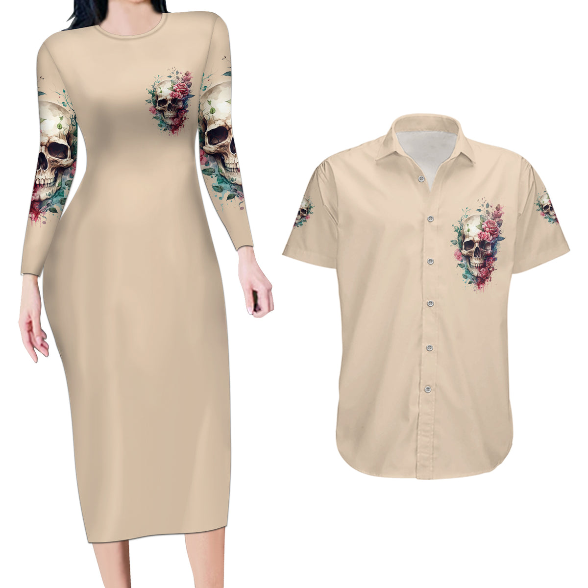 Fresh Out Of F Watercolor Skull Couples Matching Long Sleeve Bodycon Dress and Hawaiian Shirt - Wonder Print Shop