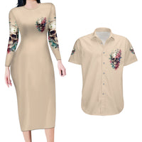 Fresh Out Of F Watercolor Skull Couples Matching Long Sleeve Bodycon Dress and Hawaiian Shirt - Wonder Print Shop