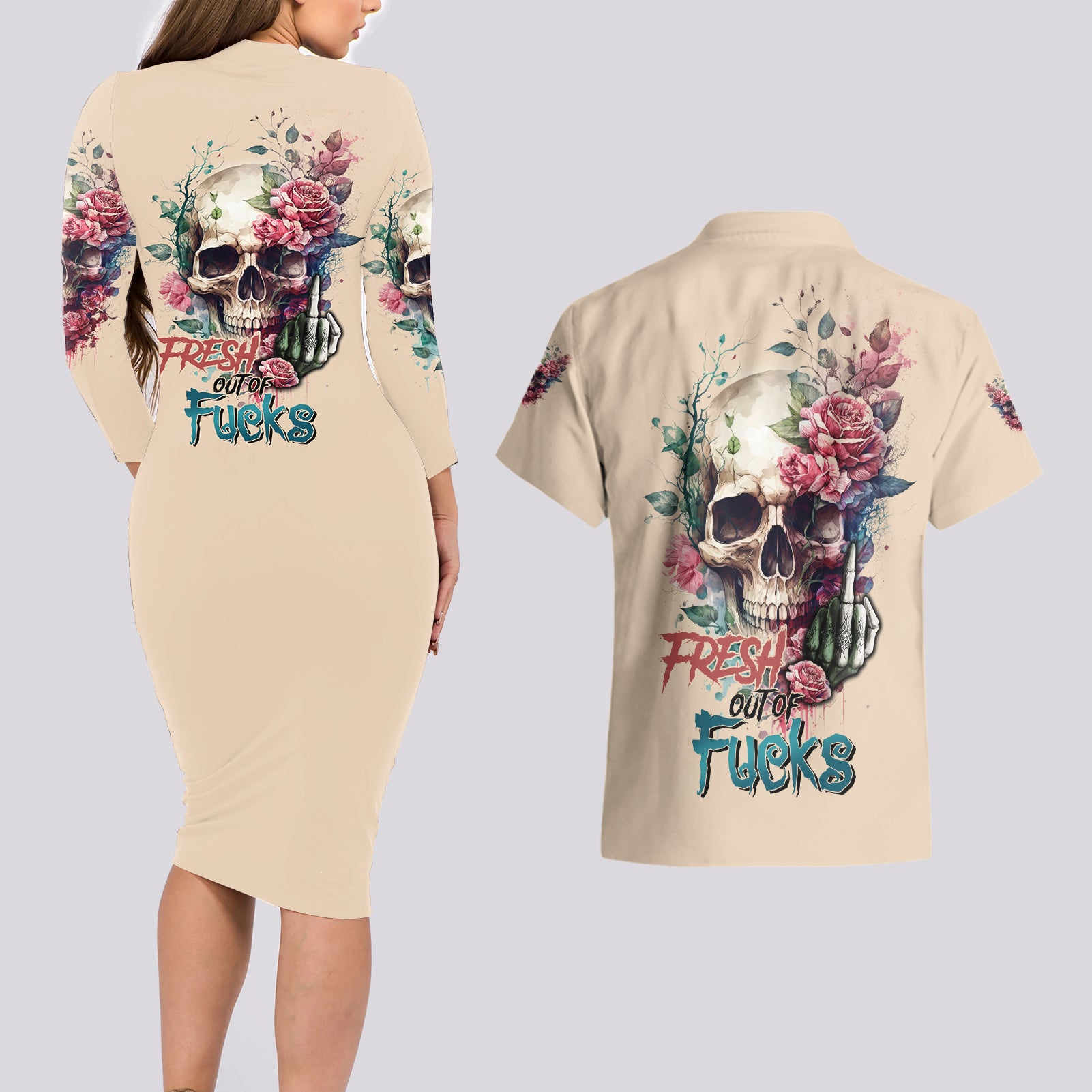 Fresh Out Of F Watercolor Skull Couples Matching Long Sleeve Bodycon Dress and Hawaiian Shirt - Wonder Print Shop