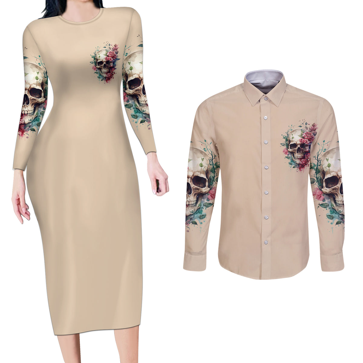 Fresh Out Of F Watercolor Skull Couples Matching Long Sleeve Bodycon Dress and Long Sleeve Button Shirt - Wonder Print Shop