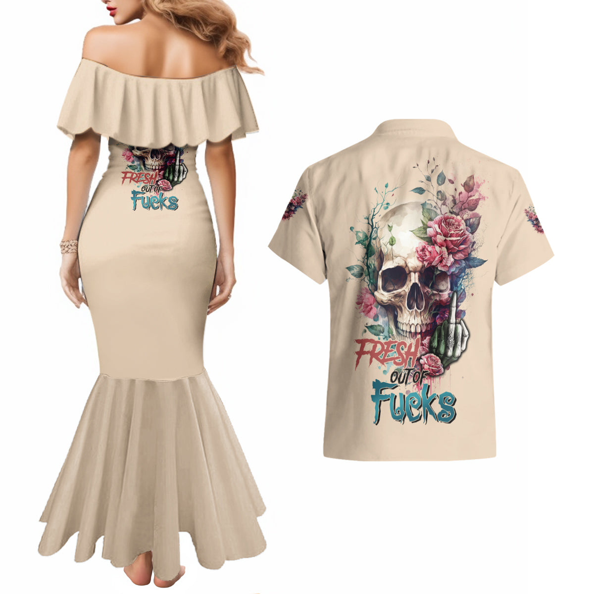 Fresh Out Of F Watercolor Skull Couples Matching Mermaid Dress and Hawaiian Shirt - Wonder Print Shop