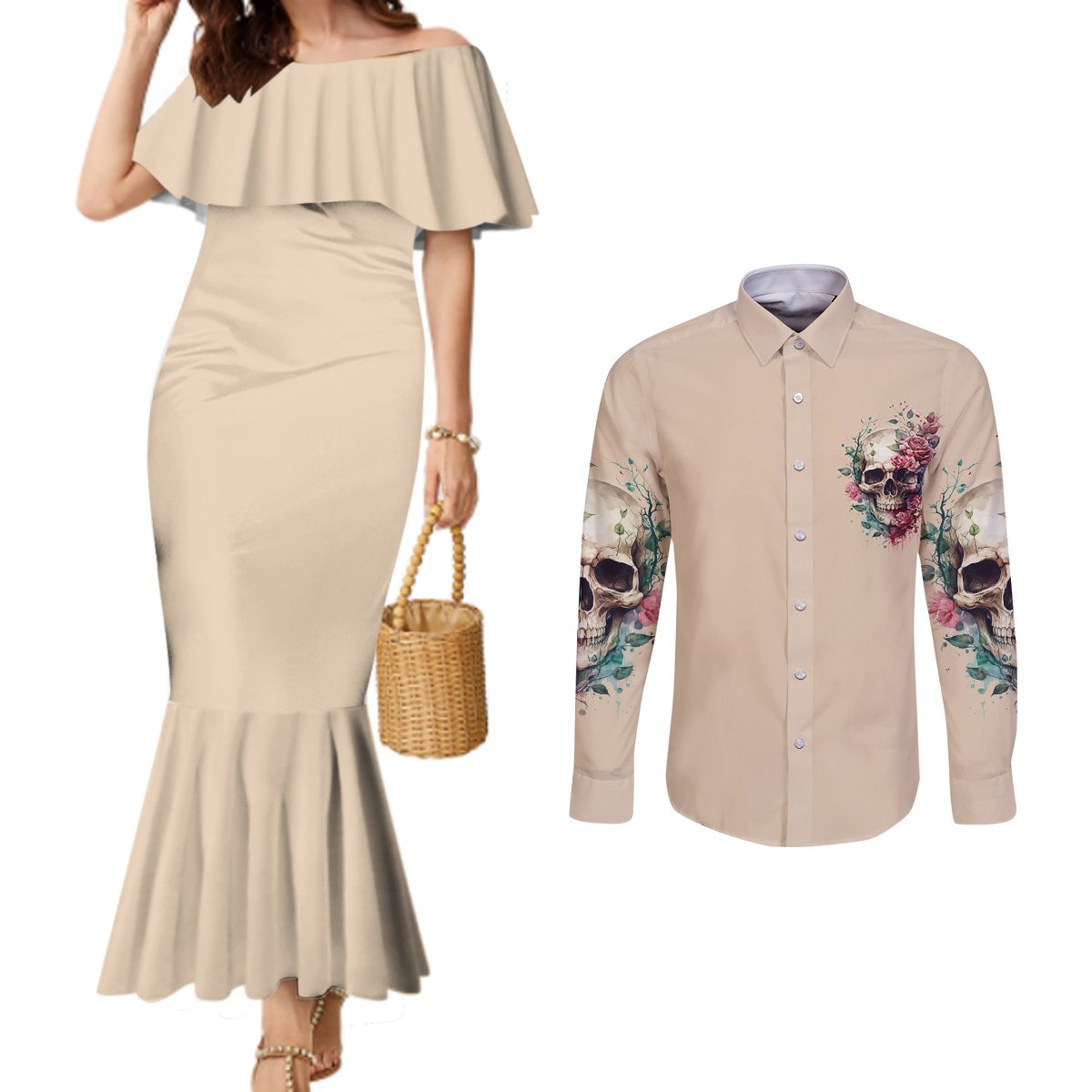 fresh-out-of-f-watercolor-skull-couples-matching-mermaid-dress-and-long-sleeve-button-shirt