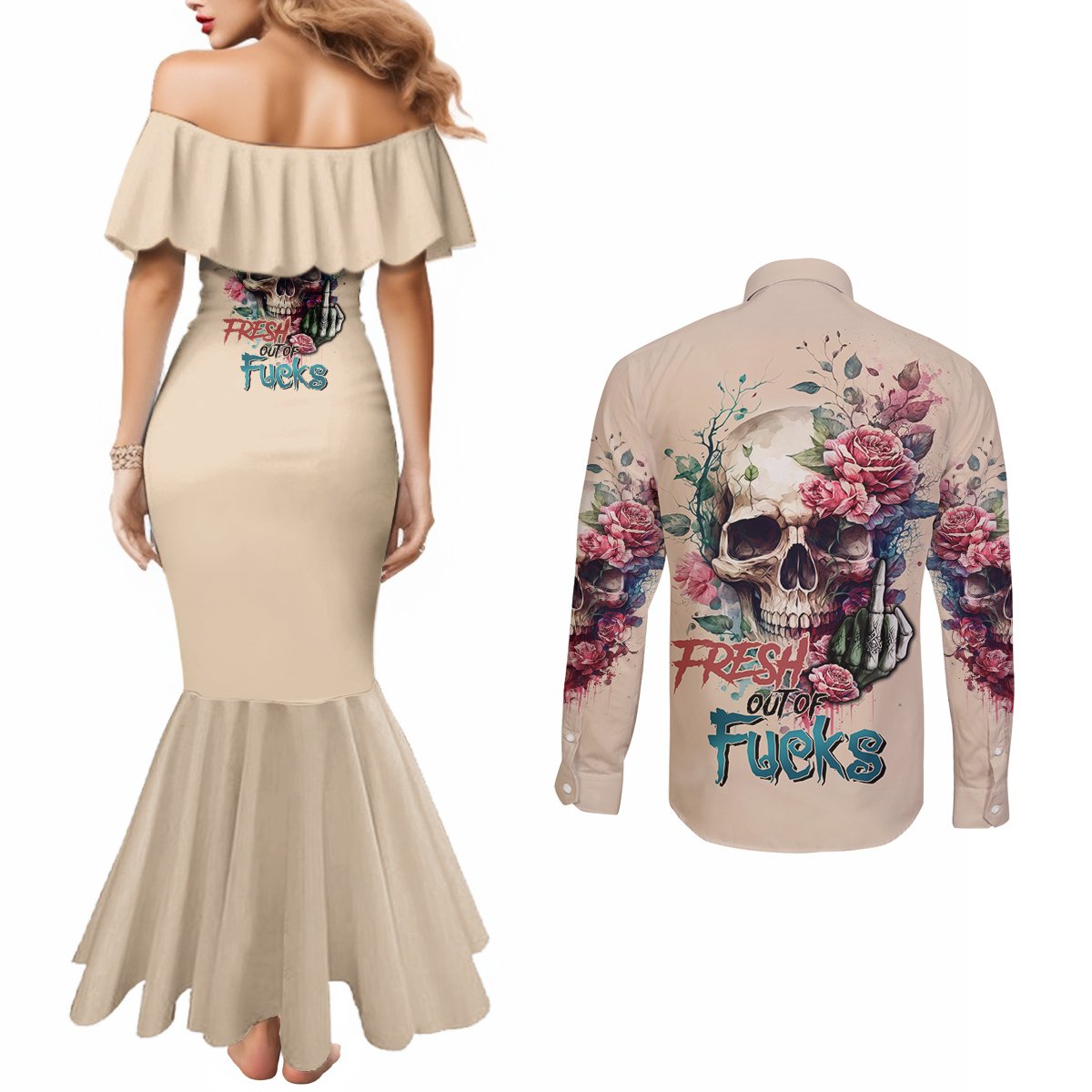 fresh-out-of-f-watercolor-skull-couples-matching-mermaid-dress-and-long-sleeve-button-shirt