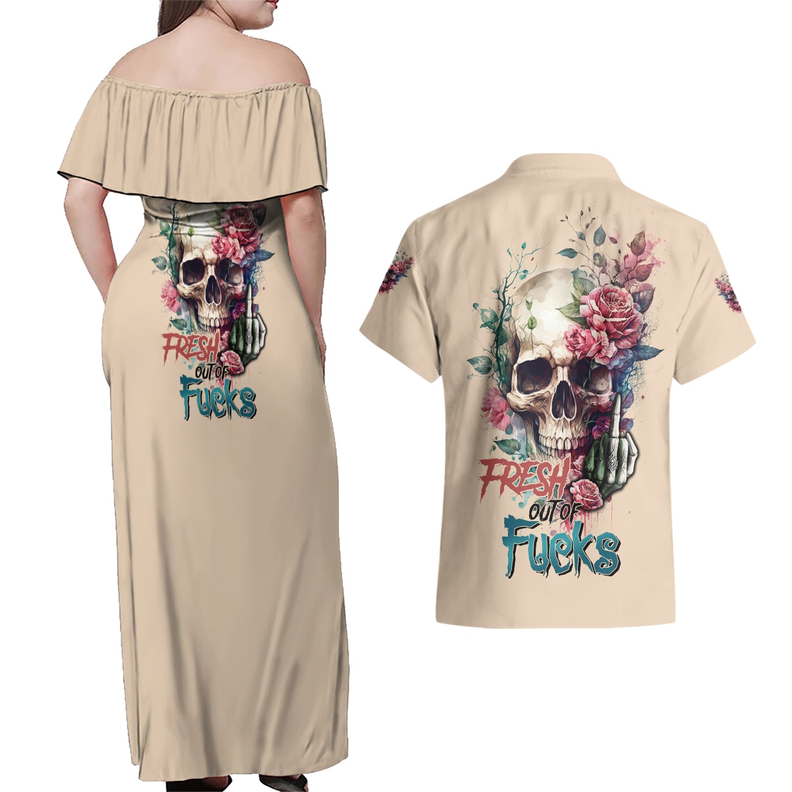 Fresh Out Of F Watercolor Skull Couples Matching Off Shoulder Maxi Dress and Hawaiian Shirt - Wonder Print Shop