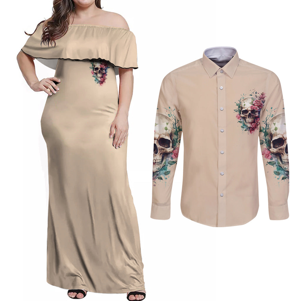 Fresh Out Of F Watercolor Skull Couples Matching Off Shoulder Maxi Dress and Long Sleeve Button Shirt - Wonder Print Shop