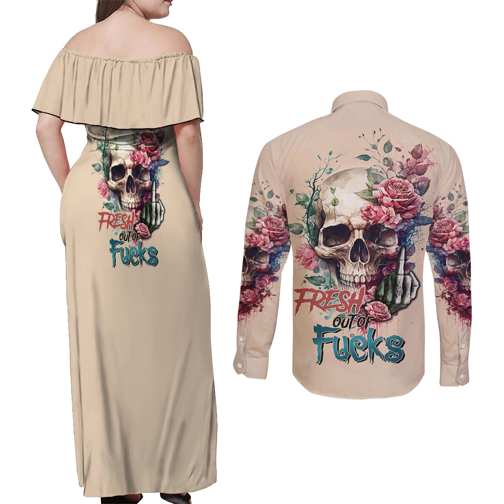 Fresh Out Of F Watercolor Skull Couples Matching Off Shoulder Maxi Dress and Long Sleeve Button Shirt - Wonder Print Shop