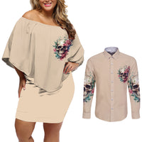 Fresh Out Of F Watercolor Skull Couples Matching Off Shoulder Short Dress and Long Sleeve Button Shirt - Wonder Print Shop