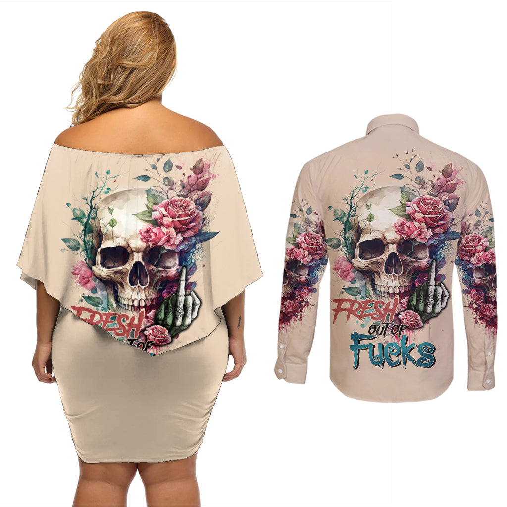 Fresh Out Of F Watercolor Skull Couples Matching Off Shoulder Short Dress and Long Sleeve Button Shirt - Wonder Print Shop