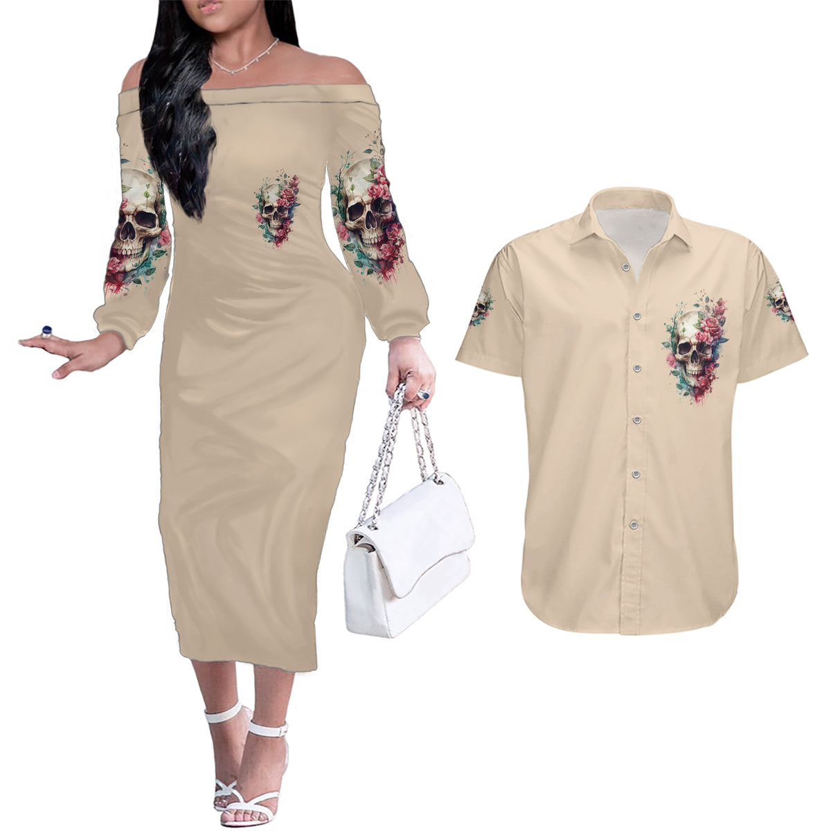 Fresh Out Of F Watercolor Skull Couples Matching Off The Shoulder Long Sleeve Dress and Hawaiian Shirt - Wonder Print Shop