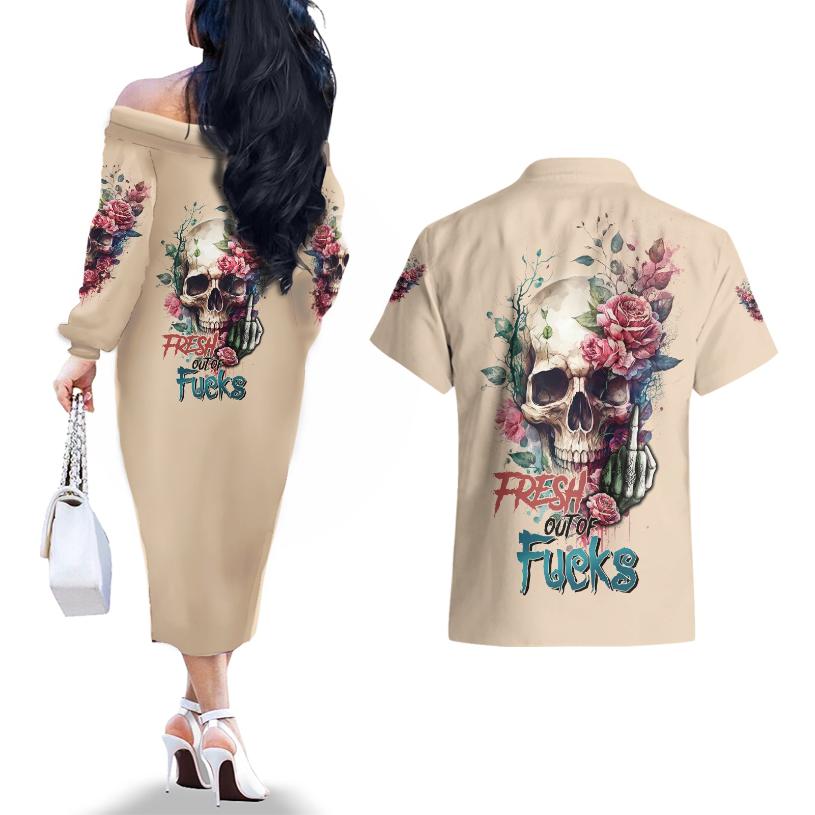 Fresh Out Of F Watercolor Skull Couples Matching Off The Shoulder Long Sleeve Dress and Hawaiian Shirt - Wonder Print Shop