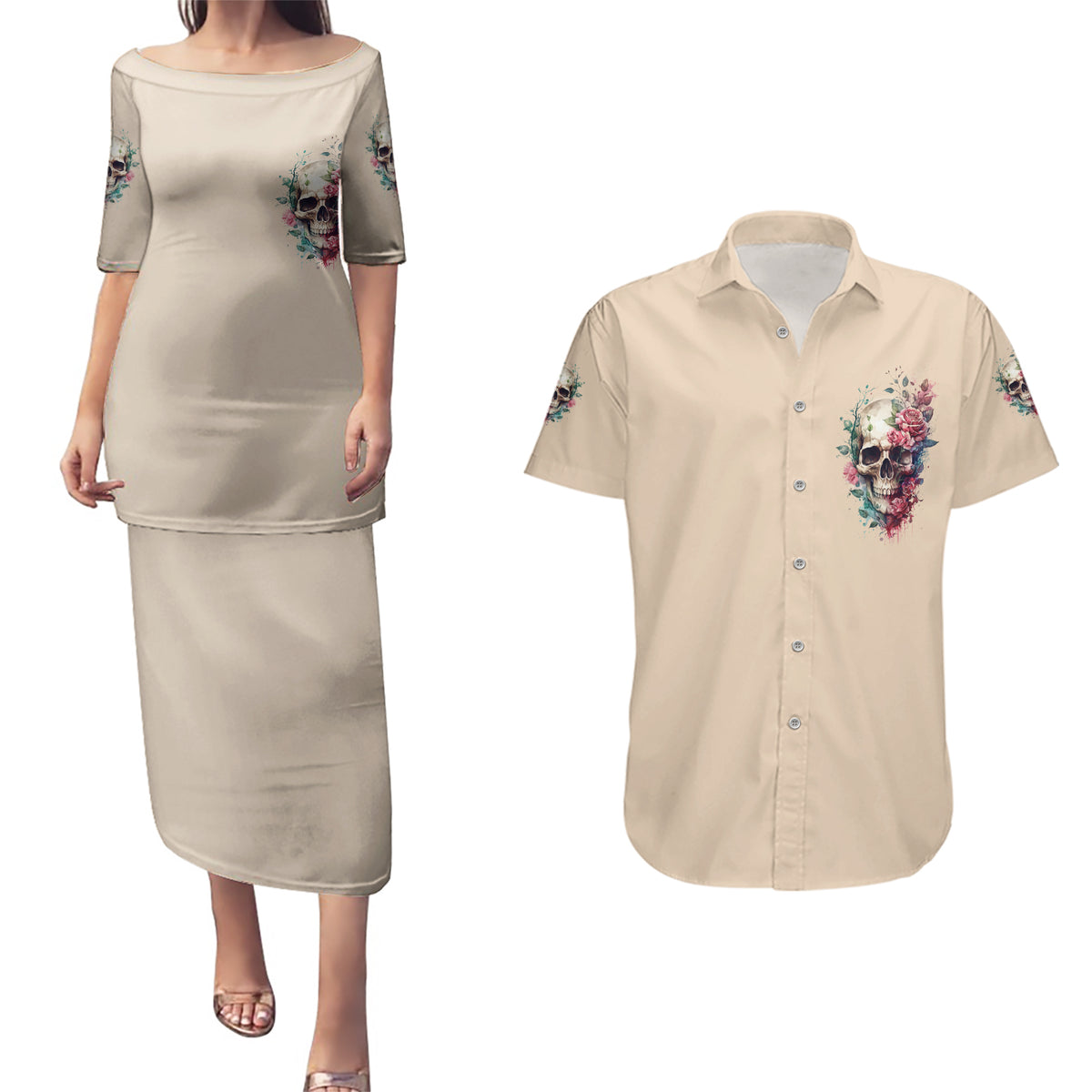 Fresh Out Of F Watercolor Skull Couples Matching Puletasi Dress and Hawaiian Shirt - Wonder Print Shop