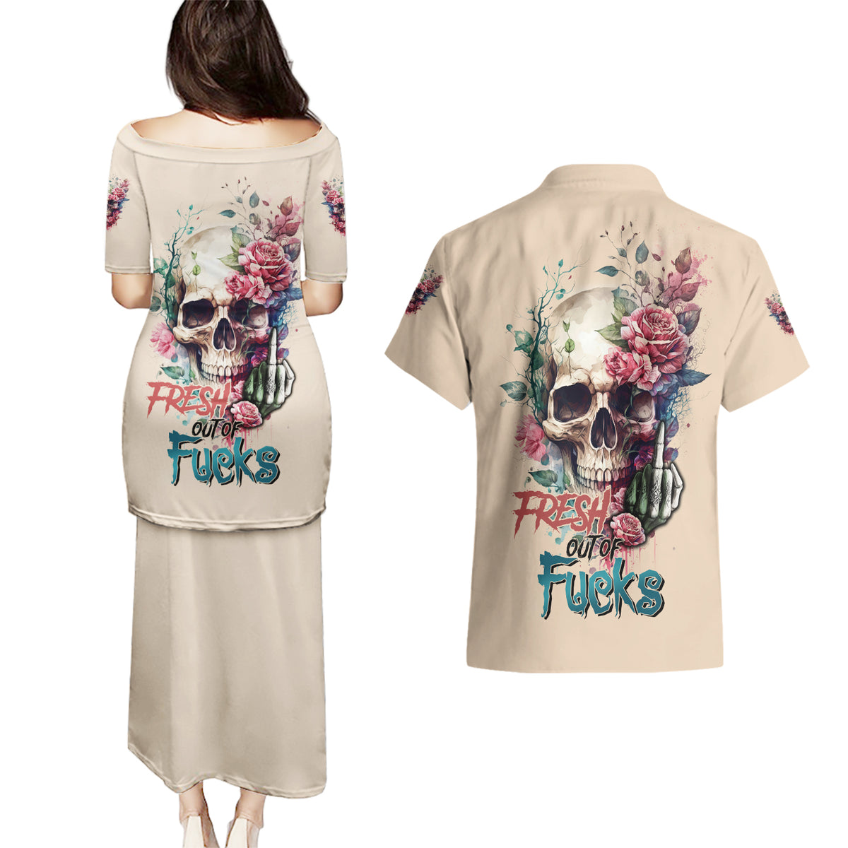 Fresh Out Of F Watercolor Skull Couples Matching Puletasi Dress and Hawaiian Shirt - Wonder Print Shop