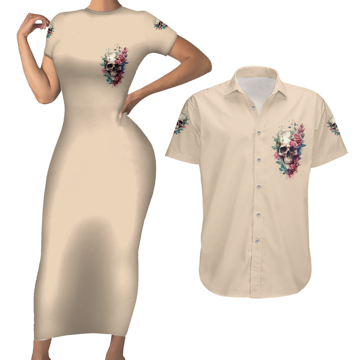 Fresh Out Of F Watercolor Skull Couples Matching Short Sleeve Bodycon Dress and Hawaiian Shirt - Wonder Print Shop