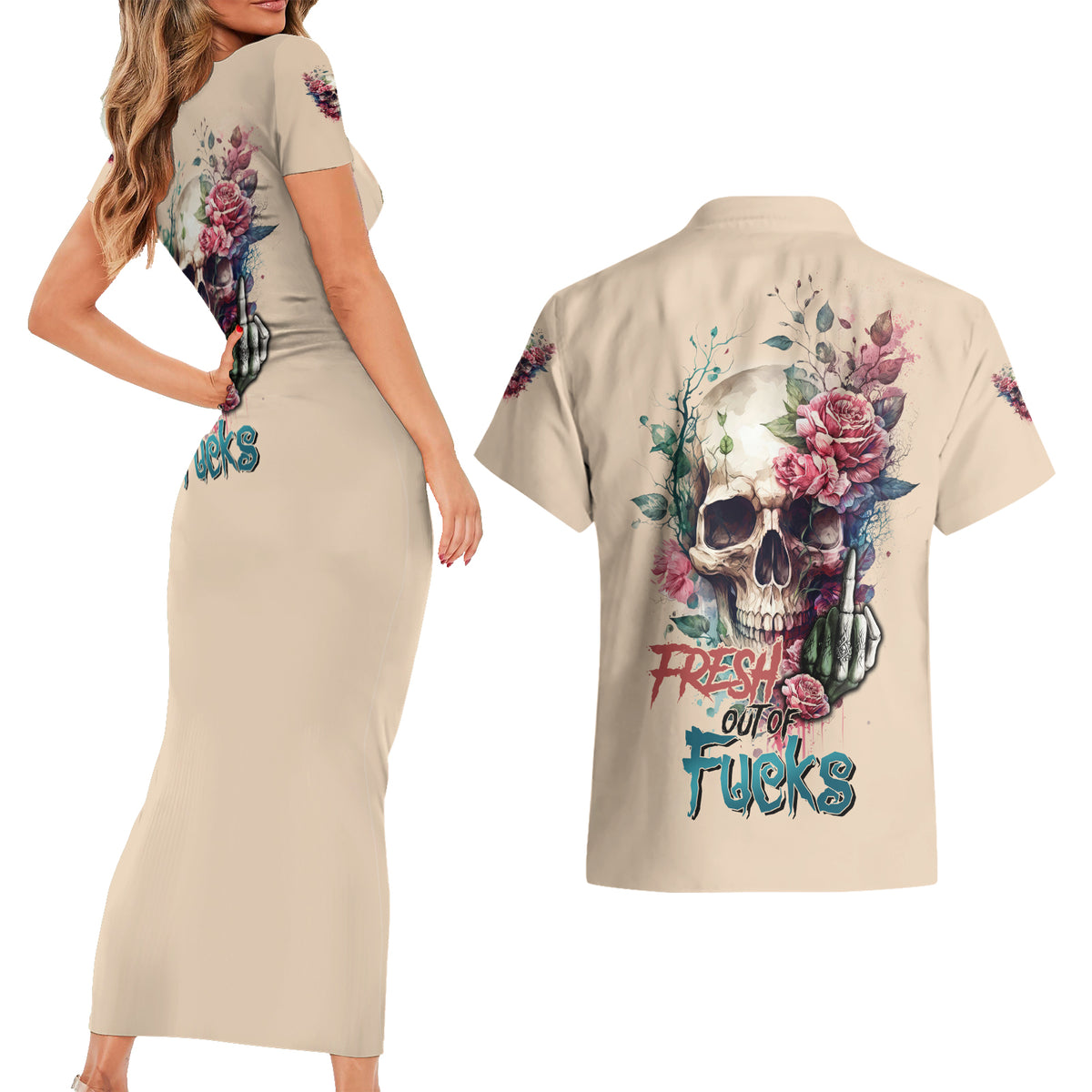 Fresh Out Of F Watercolor Skull Couples Matching Short Sleeve Bodycon Dress and Hawaiian Shirt - Wonder Print Shop