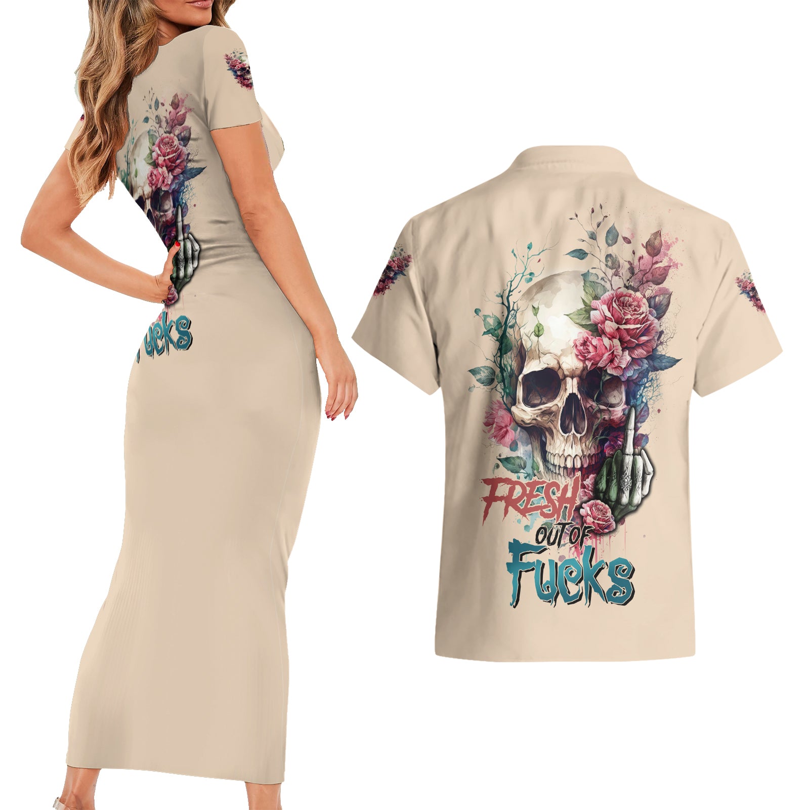 Fresh Out Of F Watercolor Skull Couples Matching Short Sleeve Bodycon Dress and Hawaiian Shirt - Wonder Print Shop
