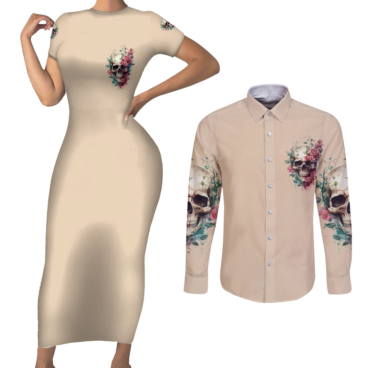 Fresh Out Of F Watercolor Skull Couples Matching Short Sleeve Bodycon Dress and Long Sleeve Button Shirt - Wonder Print Shop