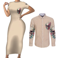 Fresh Out Of F Watercolor Skull Couples Matching Short Sleeve Bodycon Dress and Long Sleeve Button Shirt - Wonder Print Shop