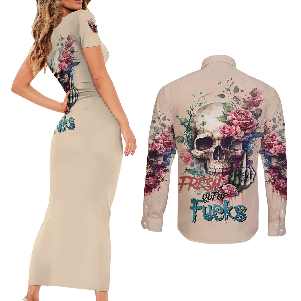 Fresh Out Of F Watercolor Skull Couples Matching Short Sleeve Bodycon Dress and Long Sleeve Button Shirt - Wonder Print Shop