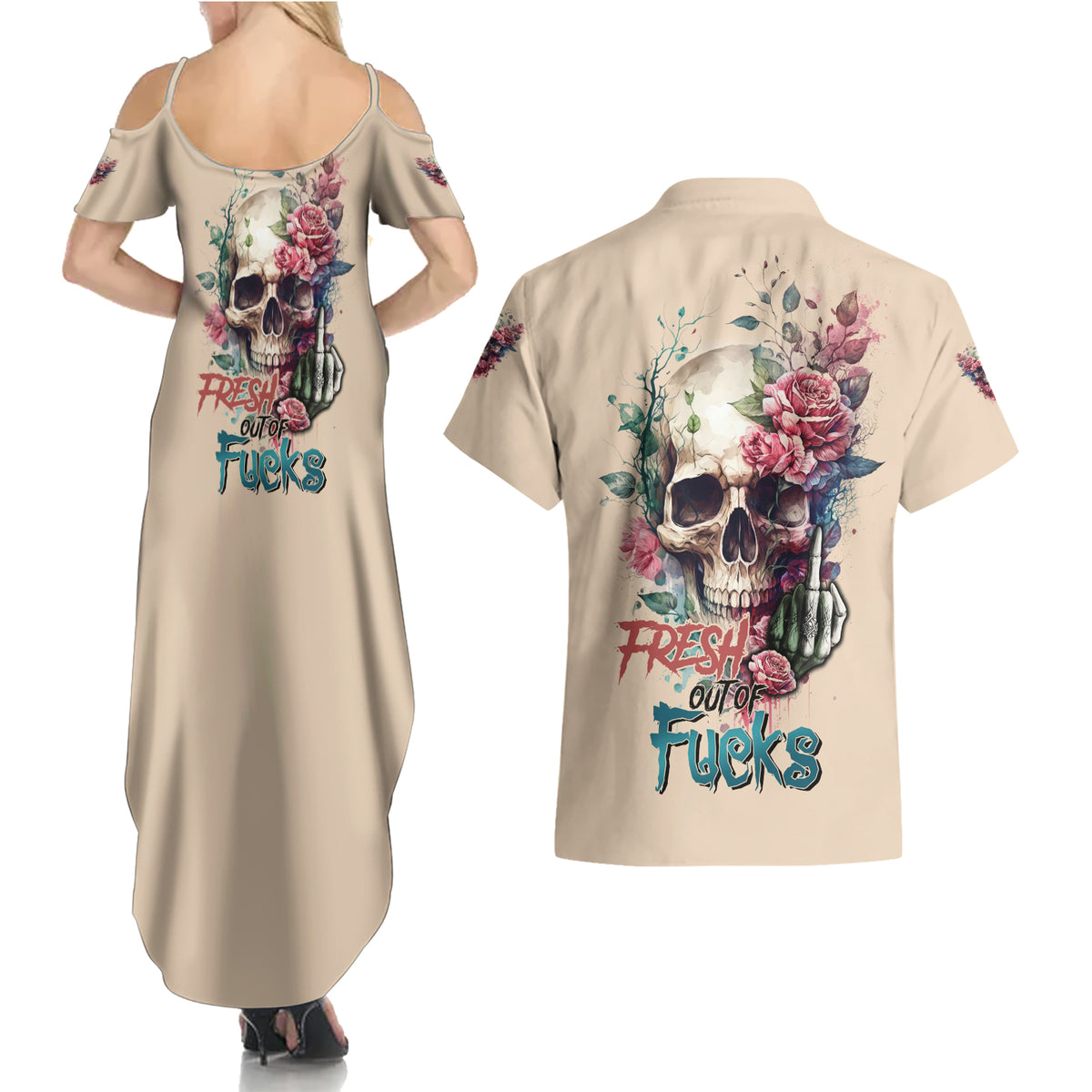 Fresh Out Of F Watercolor Skull Couples Matching Summer Maxi Dress and Hawaiian Shirt - Wonder Print Shop